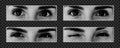Set of pairs of eyes created with dot pattern and halftone effect